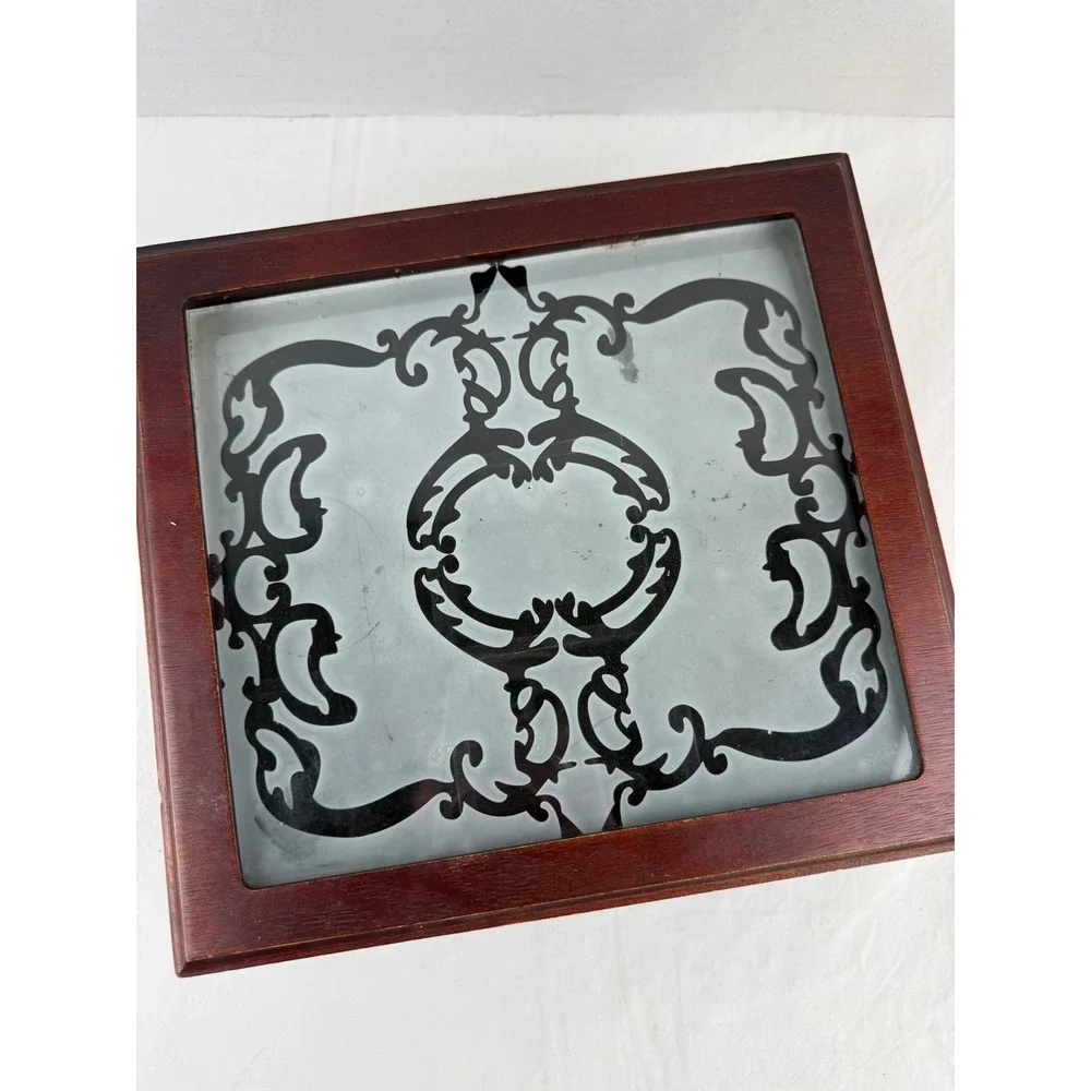 Vintage Wooden Jewelry Box Etched Glass‎ Lid 9 Compartments Cherry Finish